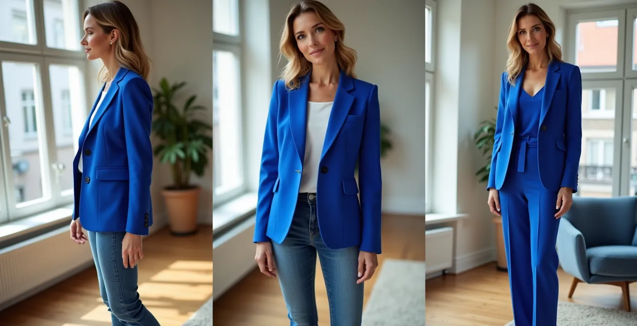 Eine Frau stylt einen Statement-Blazer in drei verschiedenen Varianten: Business, Casual und Abendgarderobe.