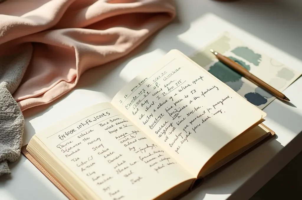 Aufgeschlagenes Stil-Tagebuch mit Outfit-Notizen und Stoffmustern auf hellem Schreibtisch
