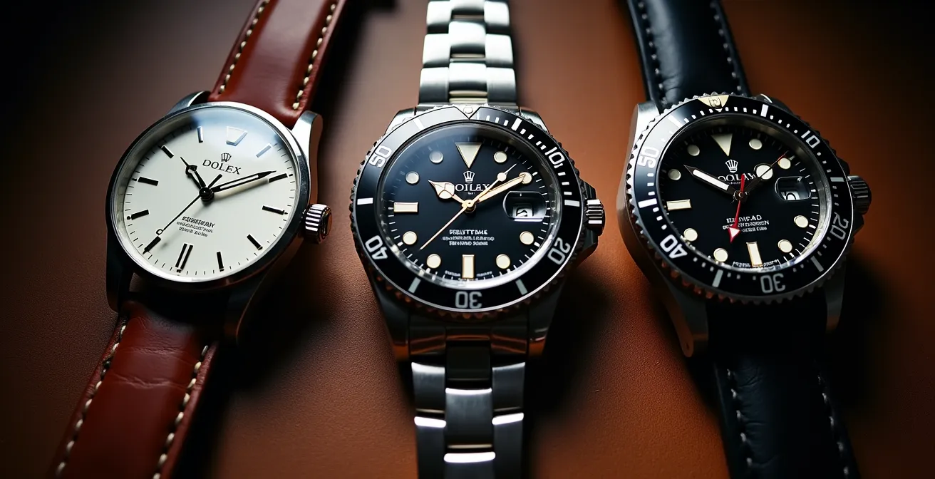 Drei verschiedene Luxusuhren-Stile nebeneinander auf neutralem Hintergrund angeordnet