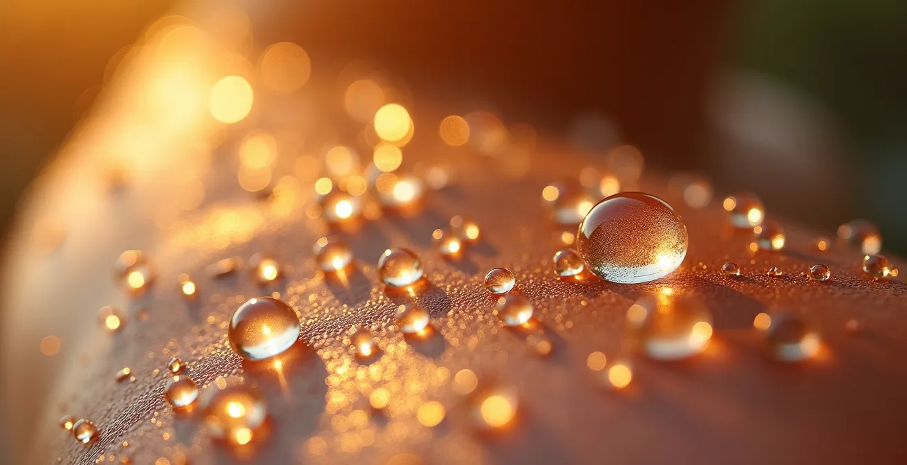 Makroaufnahme von Wassertropfen auf der Haut zeigt Kalkablagerungen